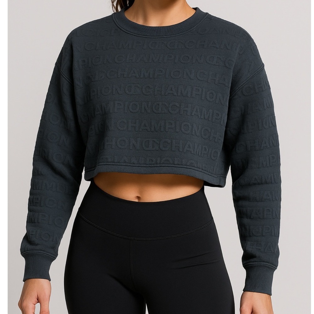 Champion Women's Cropped Sweatshirt All Over Embossed‎ Logo Dark Gray Small